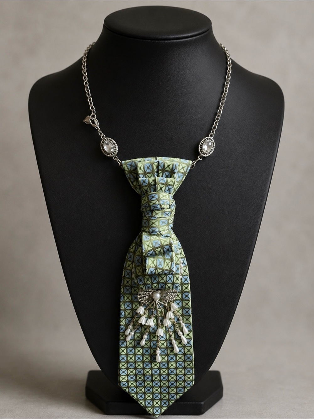 Geometric Green Blue Tie Necklace with Pearl Fringe Boho Chic Festival Vibes - Picture 1 of 4